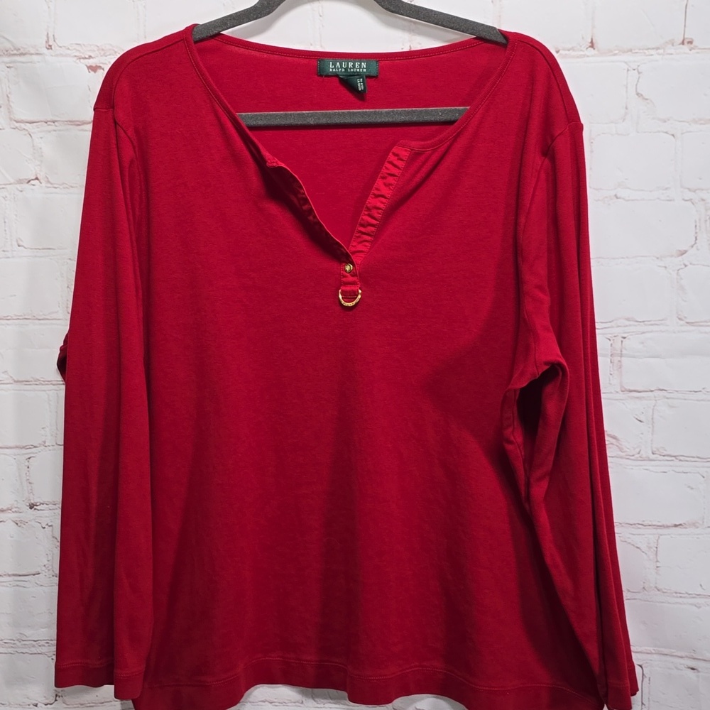 Lauren Ralph Lauren Red Long Sleeve Cotton Shirt Gold Button Nautical Womens 3x